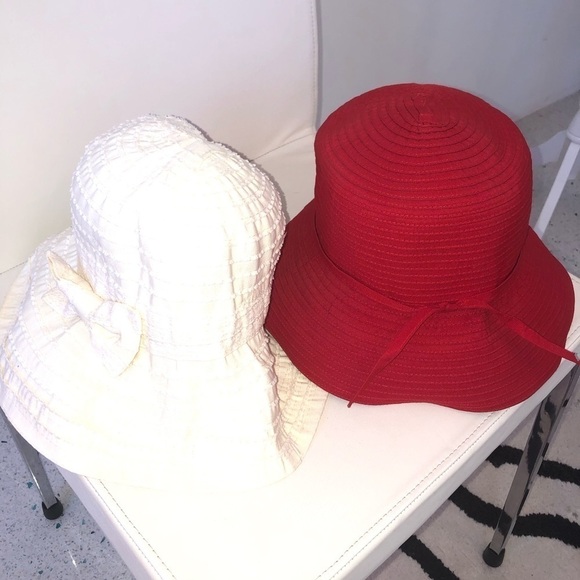 Bundle Of Two Bucket Style Hats Womens Vintage Polyester Red Cream - Picture 1 of 13